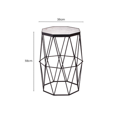 White Marble Top Octagonal Side Table with Black Finish Metal Base, Shalimar