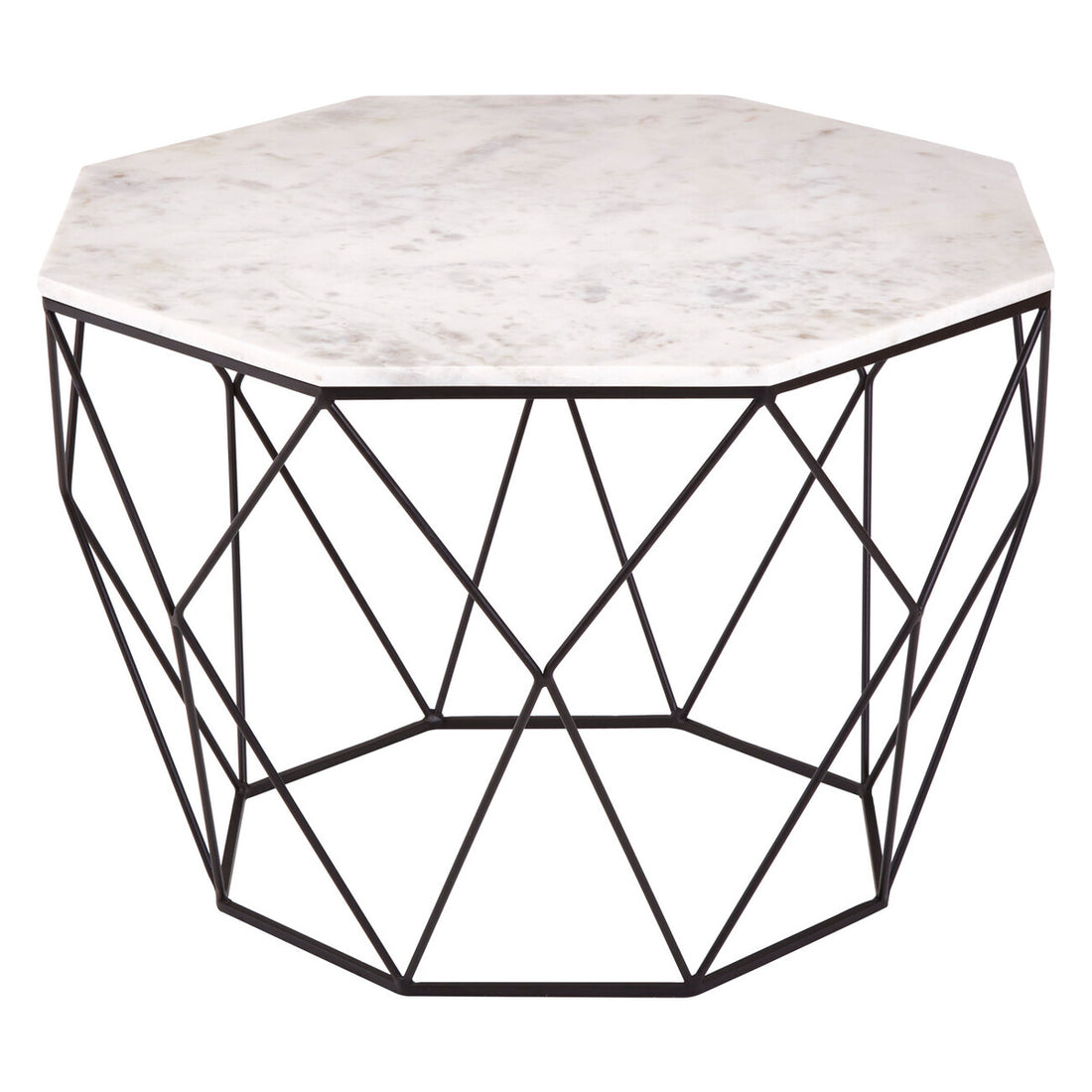 Hexagonal coffee table with marble top and black geometric frame on a white background