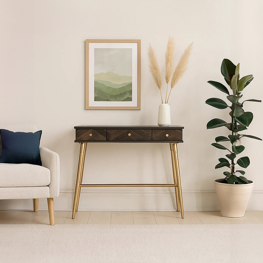 Modern living room with a console table, plant, and framed artwork.