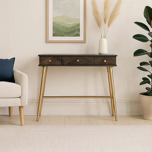 Brown Mango Wood Console Table with 3 Drawers and Antique Brass Finish Iron Legs, Sagor