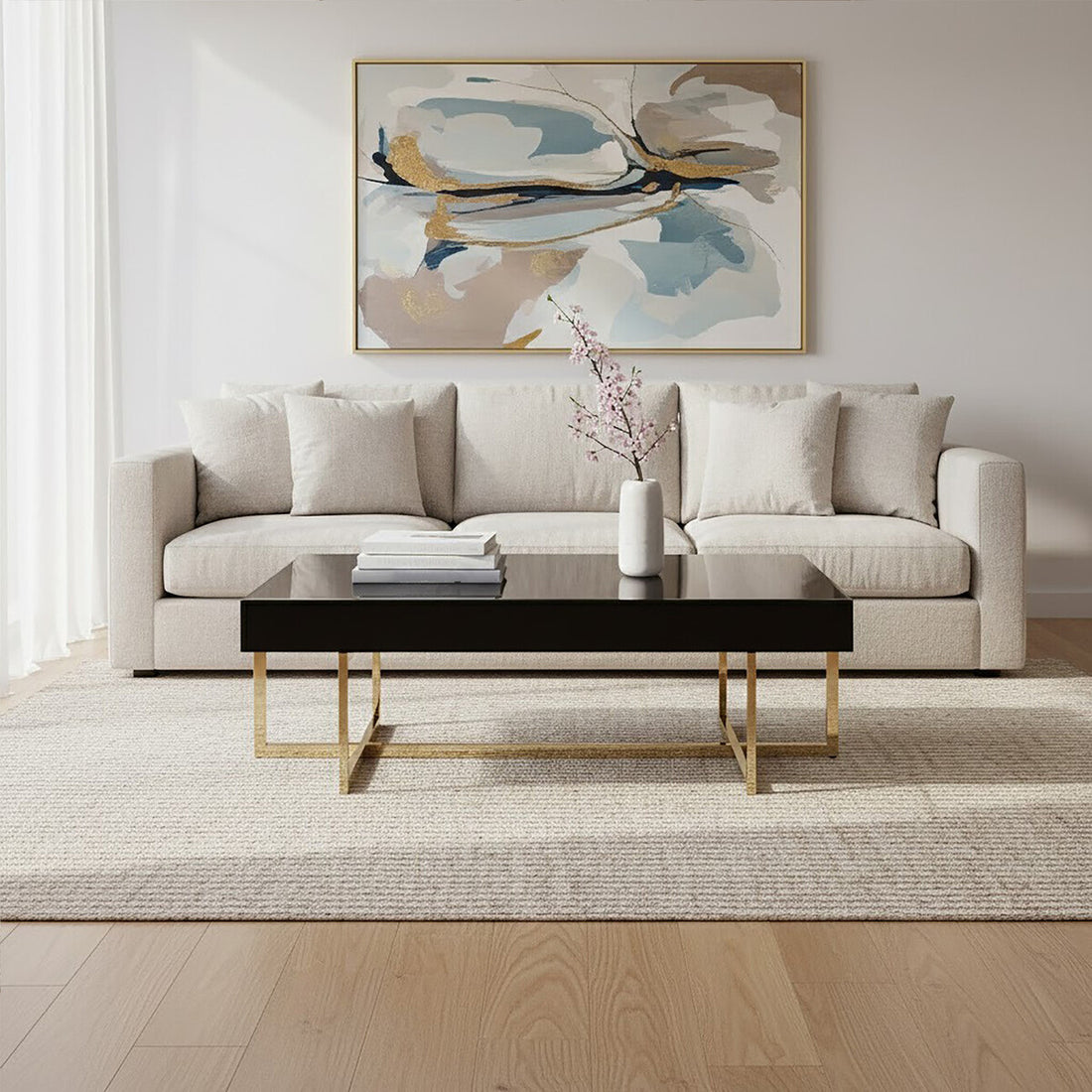 Modern living room with a beige sectional sofa, abstract painting, and coffee table.
