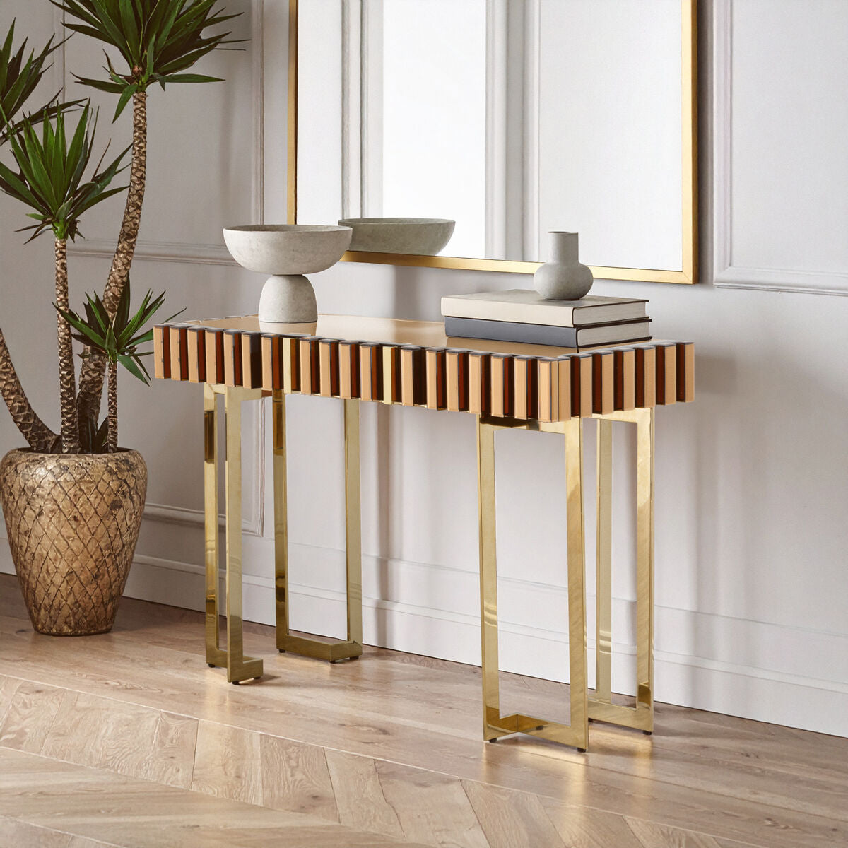 Rivoli Mirrored Top Console Table With Gold Polished Frame