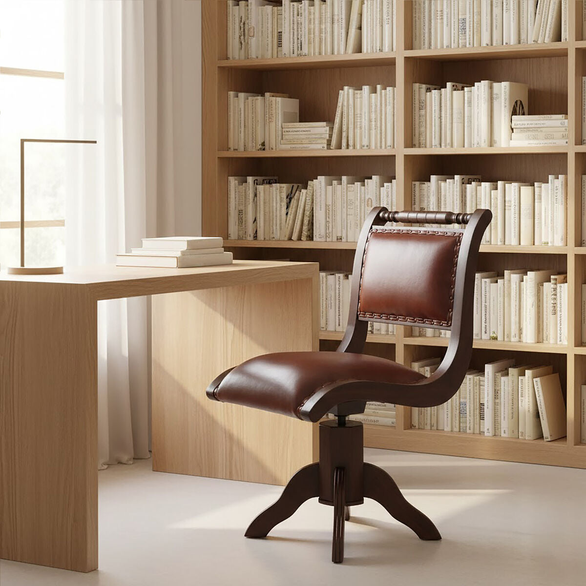 Inca Brown Leather and Teak Wood Swivel Chair - Image 1