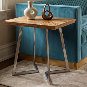 Natural Textured Bamboo Top Side Table with Silver Stainless Steel Frame, Gabar
