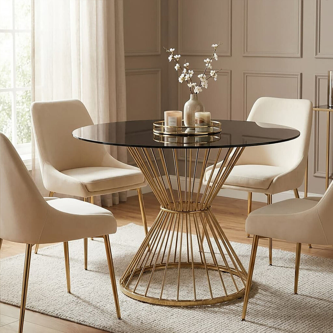 Hourglass Dining Table with Black Glass Top and Gold Base, Anzio