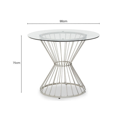 Hourglass Dining Table with Clear Glass Top and Silver Base, Anzio