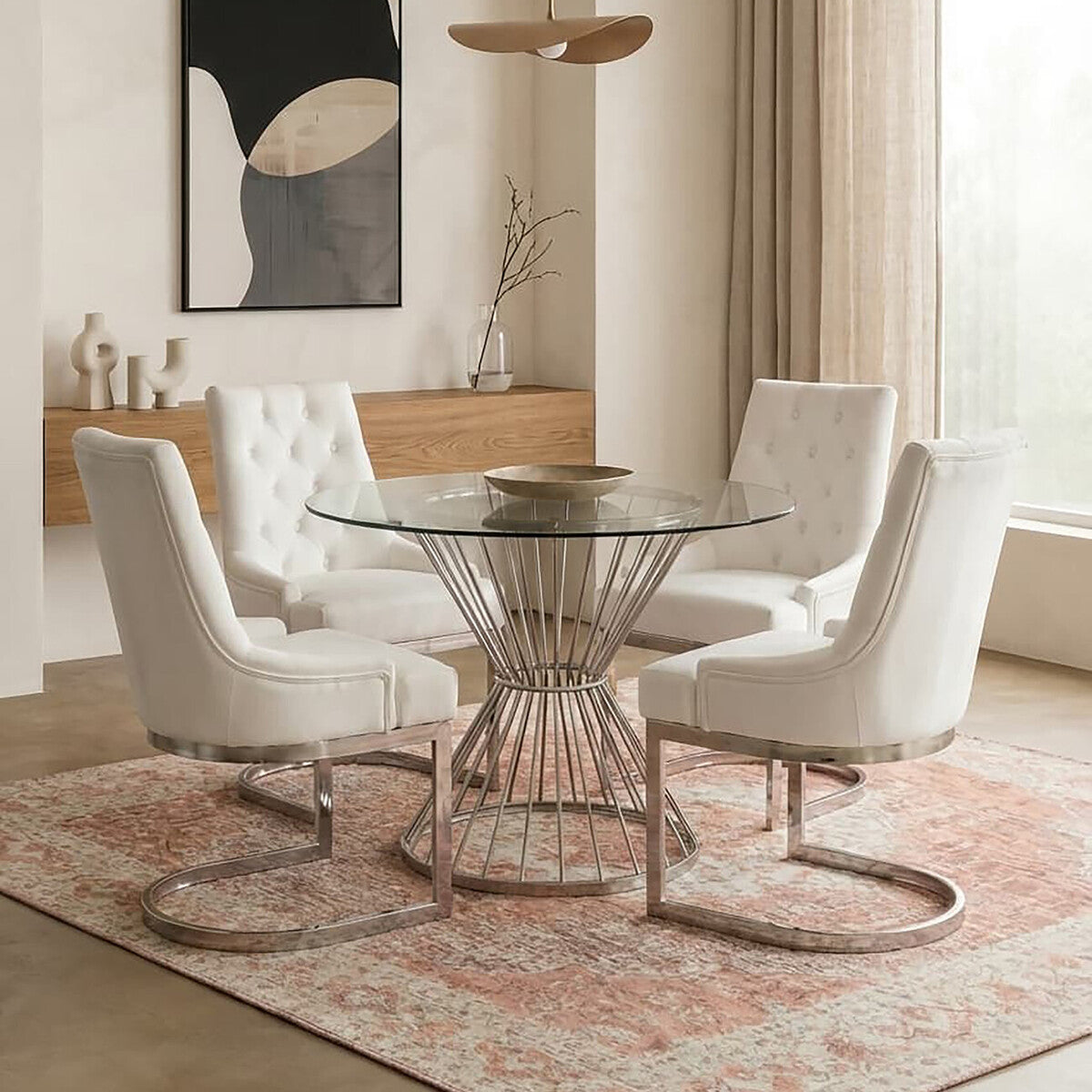 Hourglass Dining Table with Clear Glass Top and Silver Base, Anzio