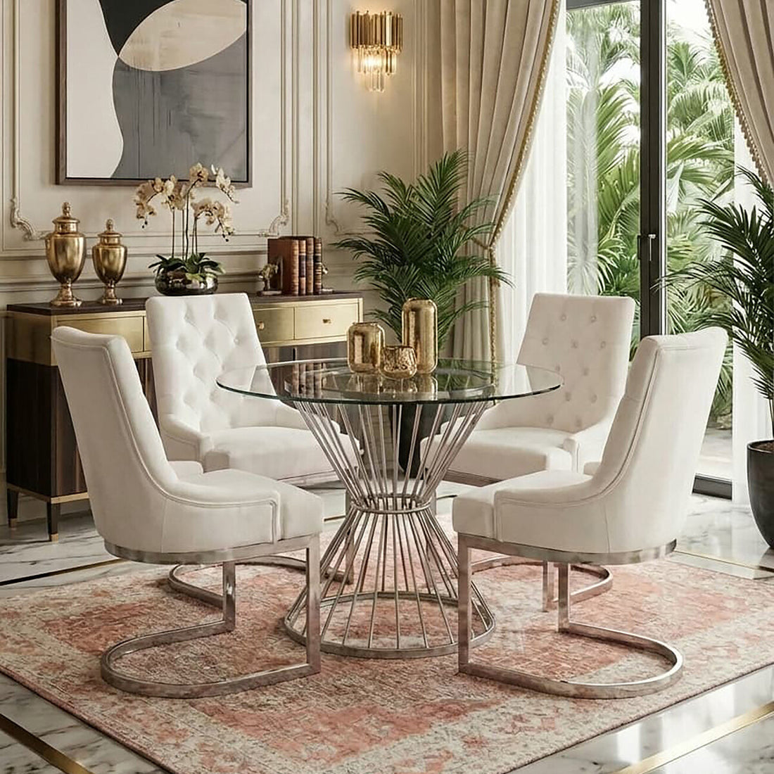 Hourglass Dining Table with Clear Glass Top and Silver Base, Anzio