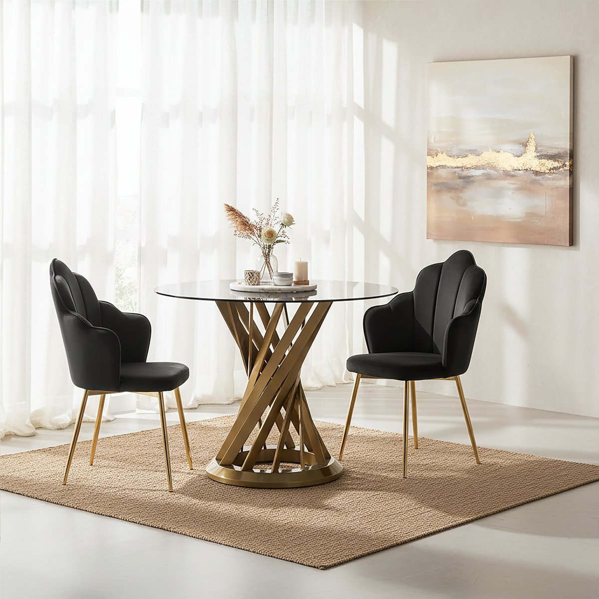 Anzio Black Glass And Gold Hourglass Base Dining Table