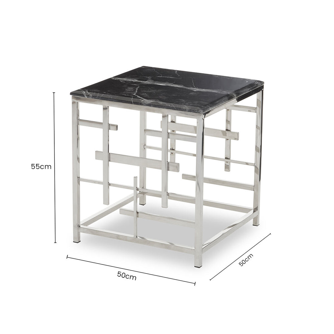 Black Marble Top Side Table with Silver Finish Geometric Stainless Steel Base, Aprilia