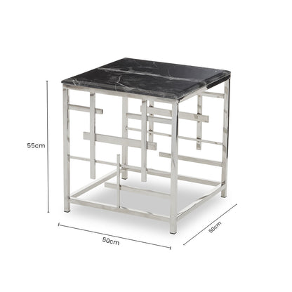 Black Marble Top Side Table with Silver Finish Geometric Stainless Steel Base, Aprilia