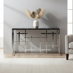 Aprilia Black Marble Console Table with Silver Finish Frame