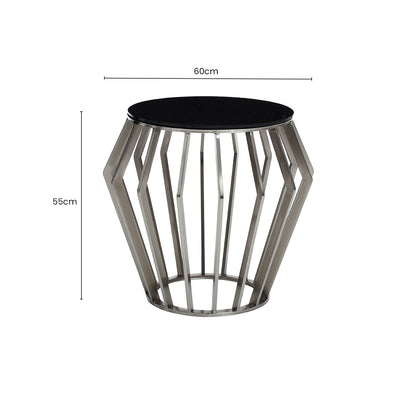 Silver Base Round Side Table with Black Glass Top, Ackley