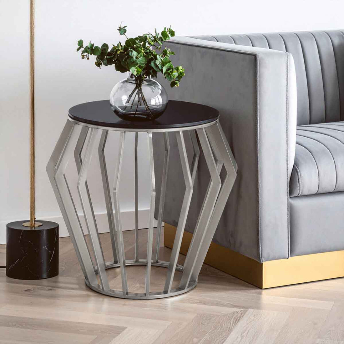 Ackley Silver Round Table with Black Glass