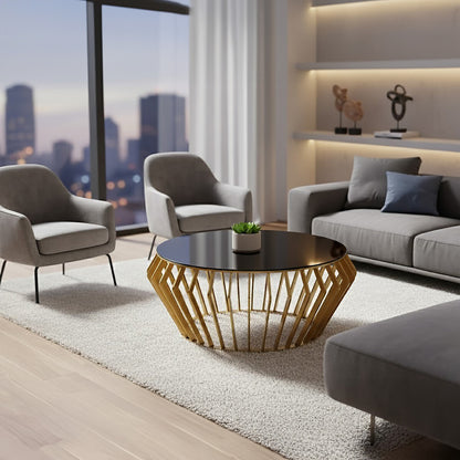 Ackley Gold Round Coffee Table with Black Glass