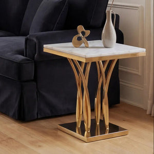 White Marble Top Side Table with Gold Sculptural Metal Base, Arenza