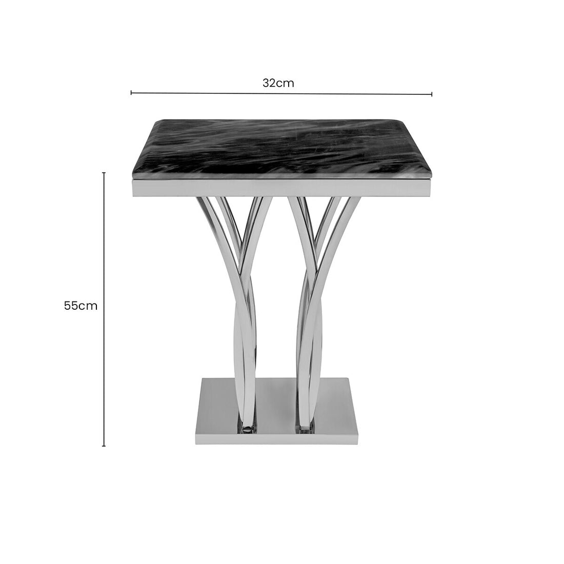 Black Marble Top Side Table with Silver Sculptural Metal Base, Arenza
