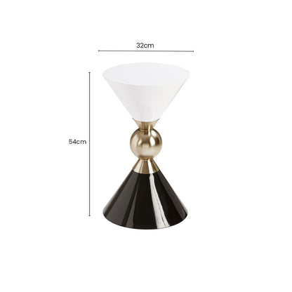 Gold and Black Metal Angular Side Table with White and Black Top and Rounded Base, Martini