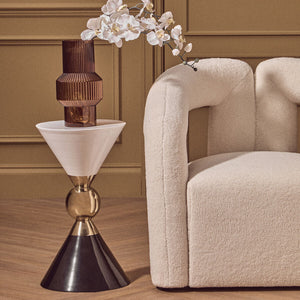 Gold and Black Metal Angular Side Table with White and Black Top and Rounded Base, Martini