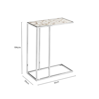 White and Silver Finish Semi-Precious Agate Side Table with Banded Pattern, Vita