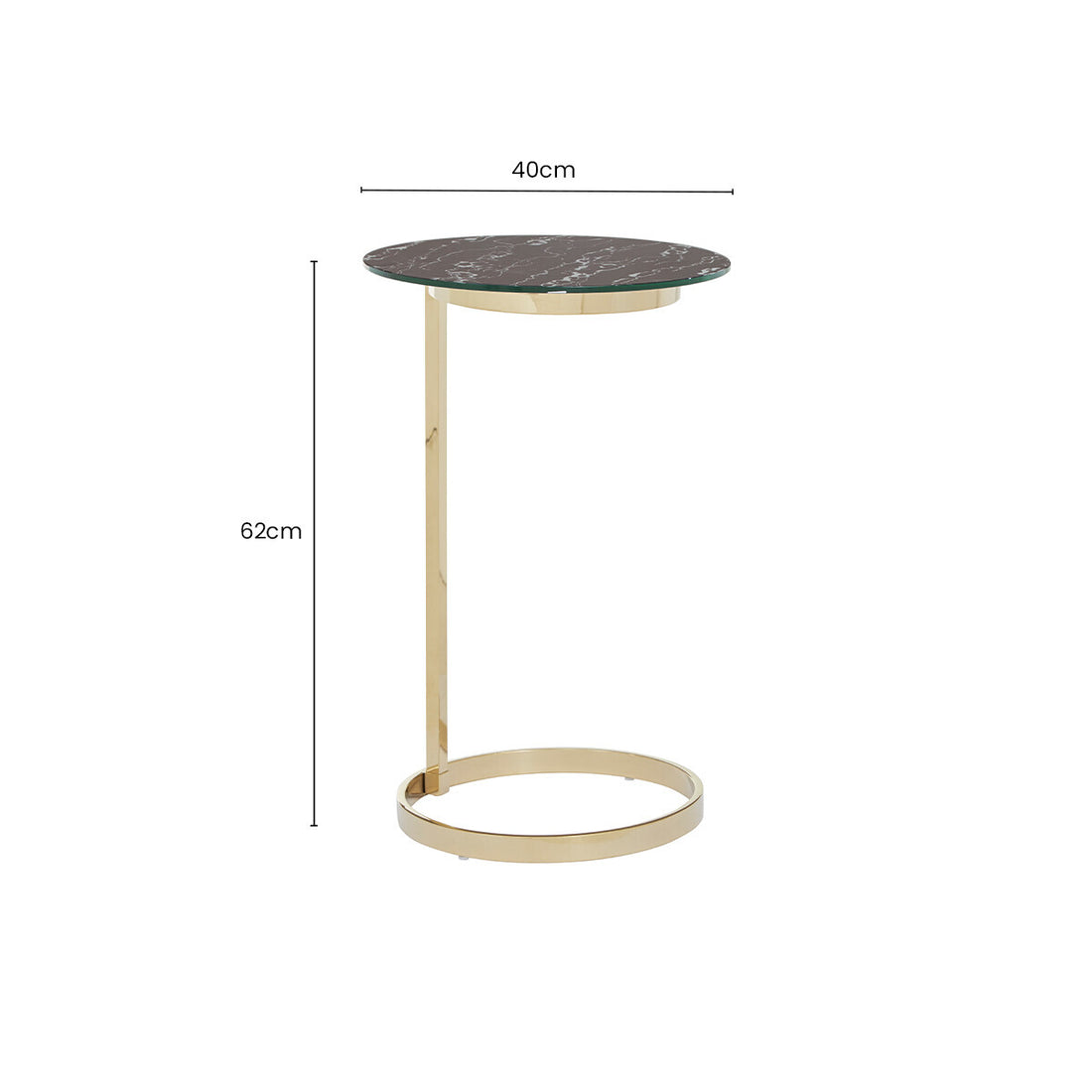 Gold Open Circular Base End Table with Black Marble Effect Glass Top, Oria