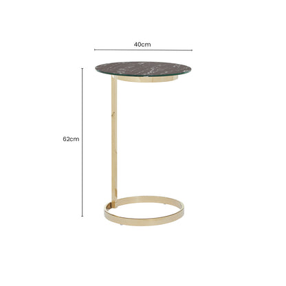 Gold Open Circular Base End Table with Black Marble Effect Glass Top, Oria
