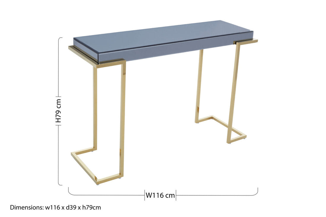Console table with blue top and gold legs, dimensions displayed.