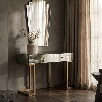 Antique Mirror Console Table with 2 Drawer in Silver finish, Kesena