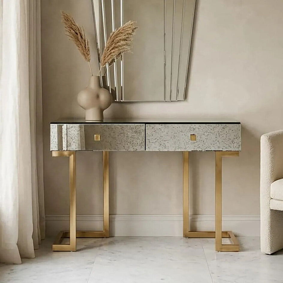 Antique Mirror Console Table with 2 Drawer in Silver finish, Kesena
