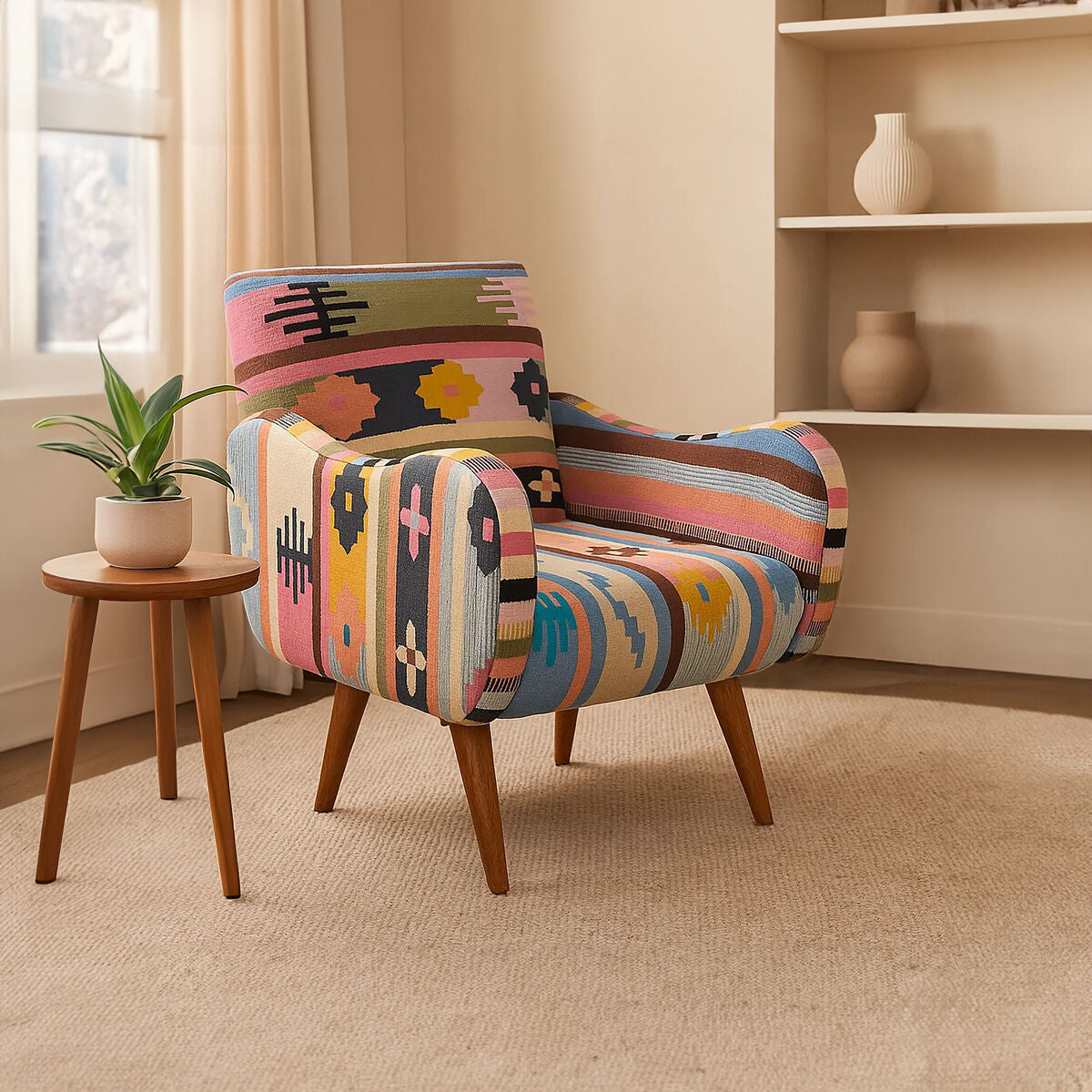 Colorful patterned armchair in a room with a small table and plant.