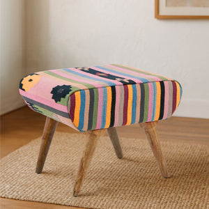 Cefena Multi Coloured Fabric Footstool with Mango Wood Legs