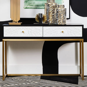 Dumas Black and White 2 Drawer Console Table with Gold Base