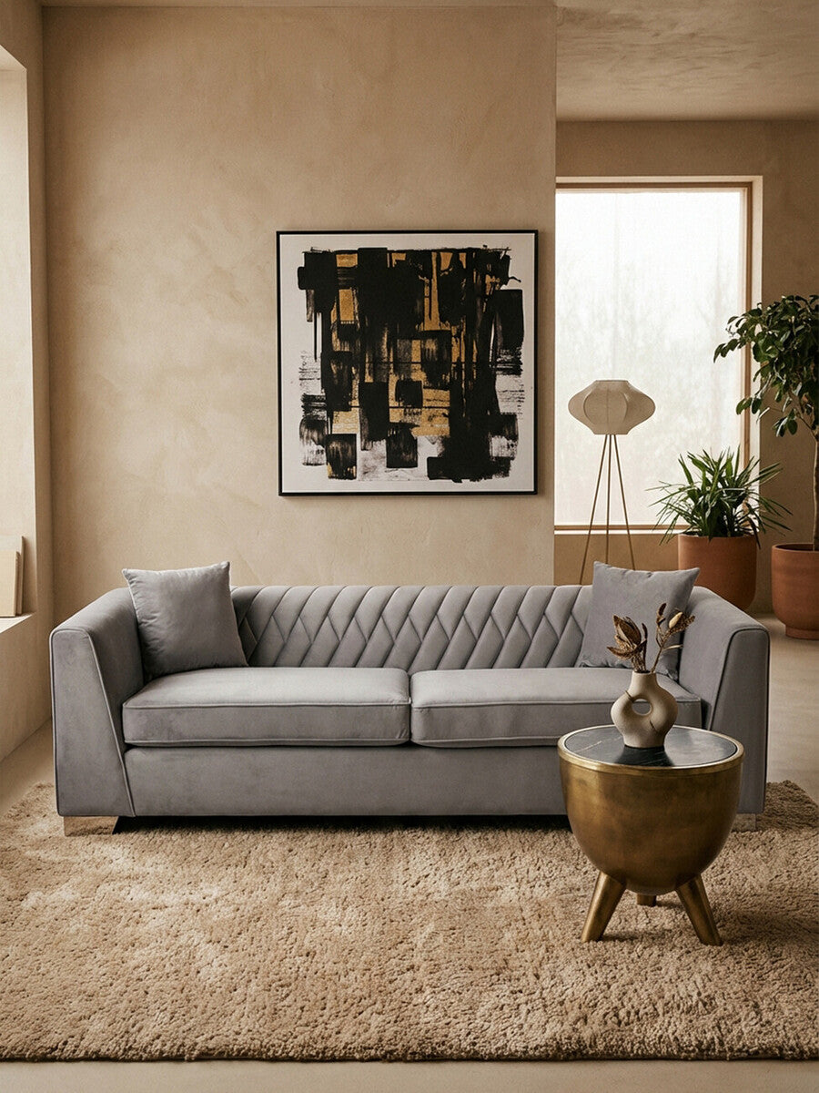 3 Seater Grey Velvet Sofa, Rashika - Image 6