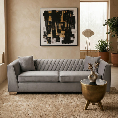 3 Seater Grey Velvet Sofa, Rashika - Image 3