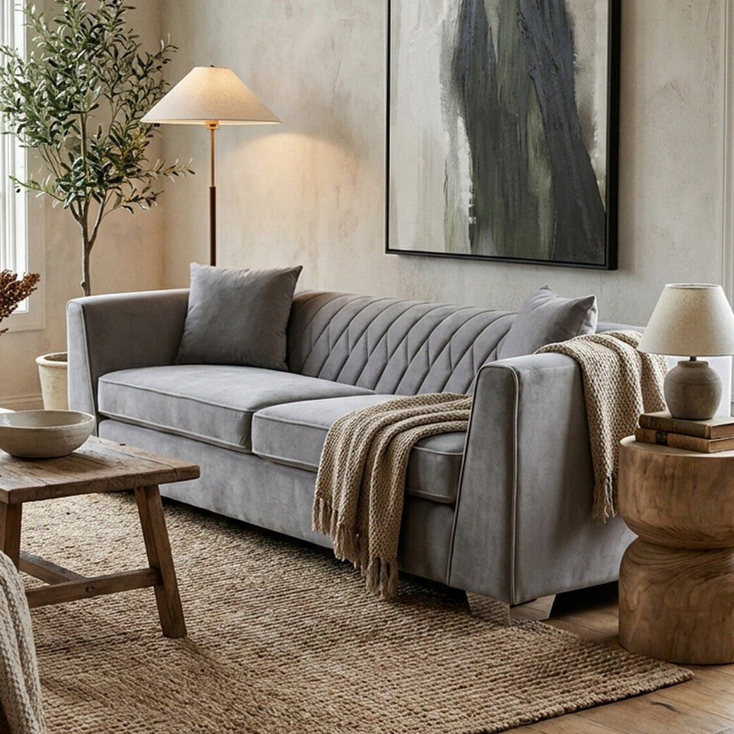 3 Seater Grey Velvet Sofa, Rashika - Image 1