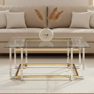 Elino Clear Glass Coffee Table with Silver and Gold Finish Base