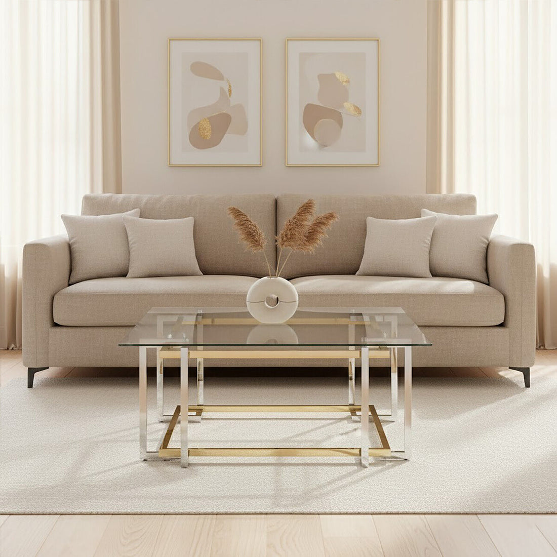 Beige sectional sofa in a living room with abstract art and a glass coffee table.