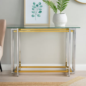 Elino Clear Glass Console Table with Silver and Gold Finish Base