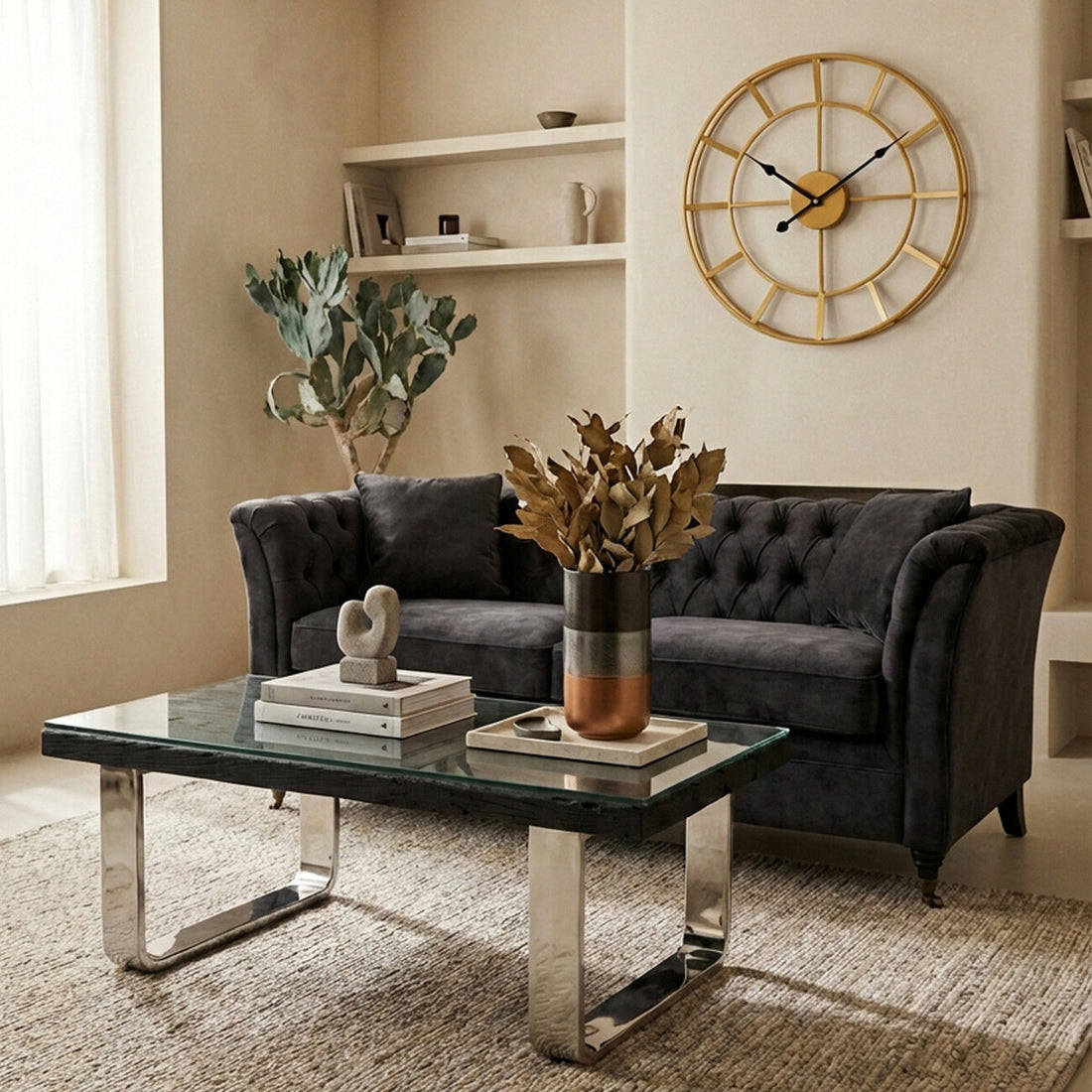 Living room with a gray sofa, coffee table, and decorative items.