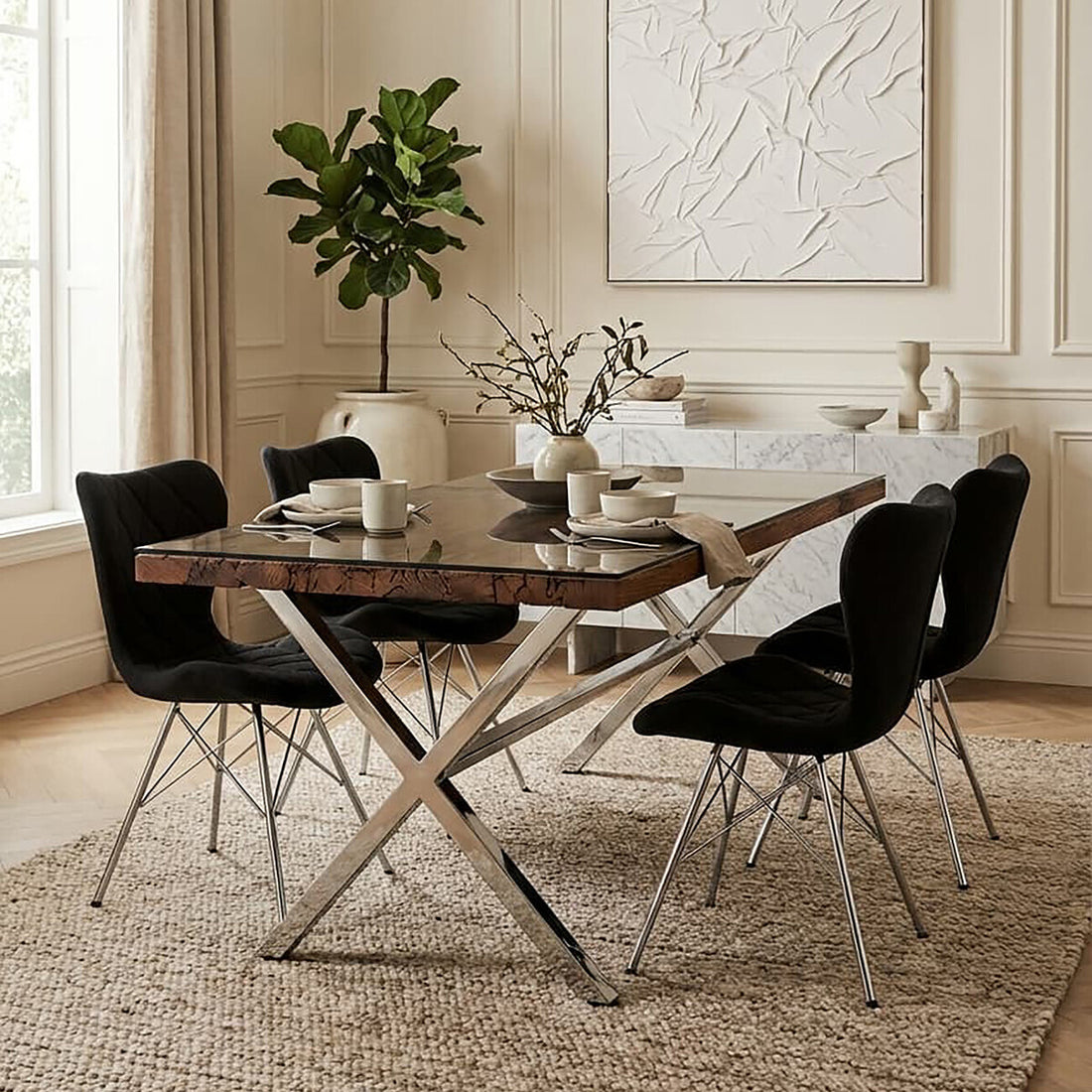 Square Natural Wood and Clear Glass Top Dining Table with Grey Cross Base, Kerala