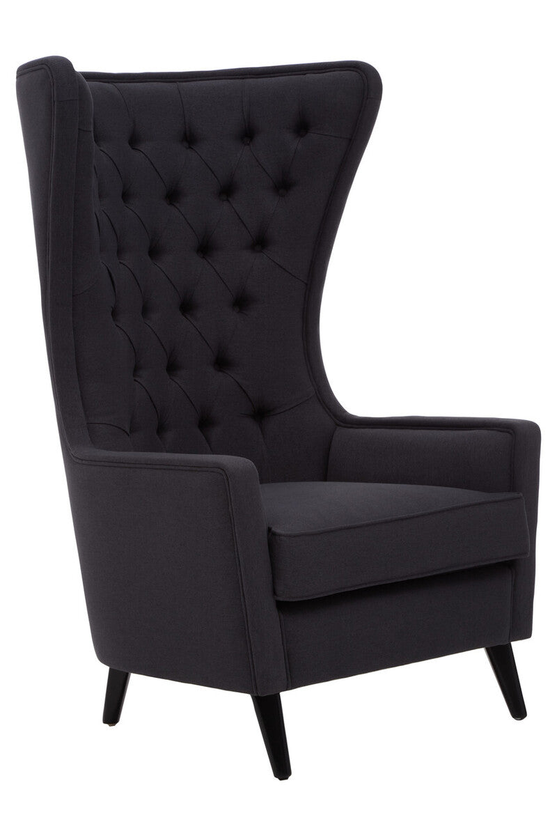 Black upholstered armchair with high backrest on a white background