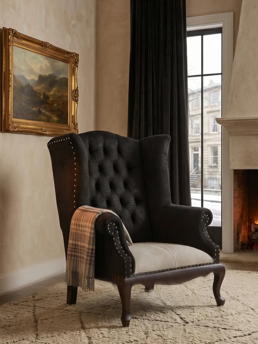 Cala Black Textured Armchair with Tufted Back