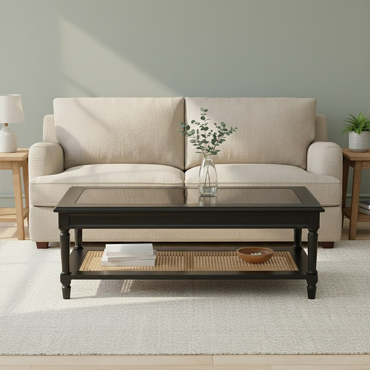 Corso Black Coffee Table with Rattan Shelf