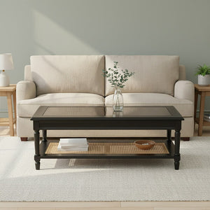 Corso Black Coffee Table with Rattan Shelf