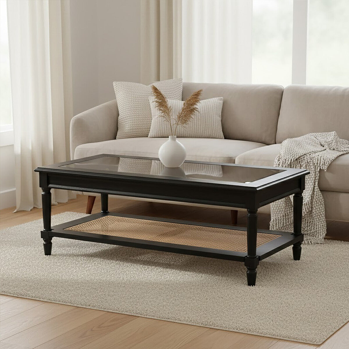 Corso Black Coffee Table with Rattan Shelf
