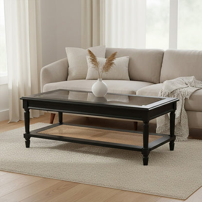 Corso Black Coffee Table with Rattan Shelf