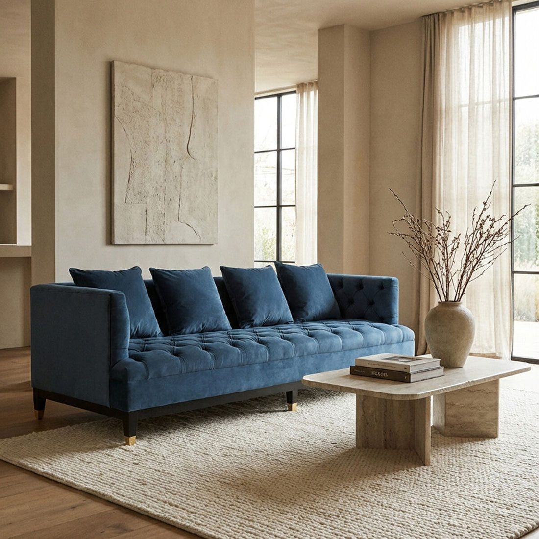 3 Seater Navy Fabric Sofa, Sefira - Image 1