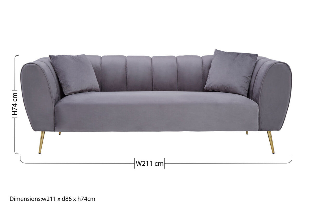 Florine Three Seater Grey Velvet Sofa