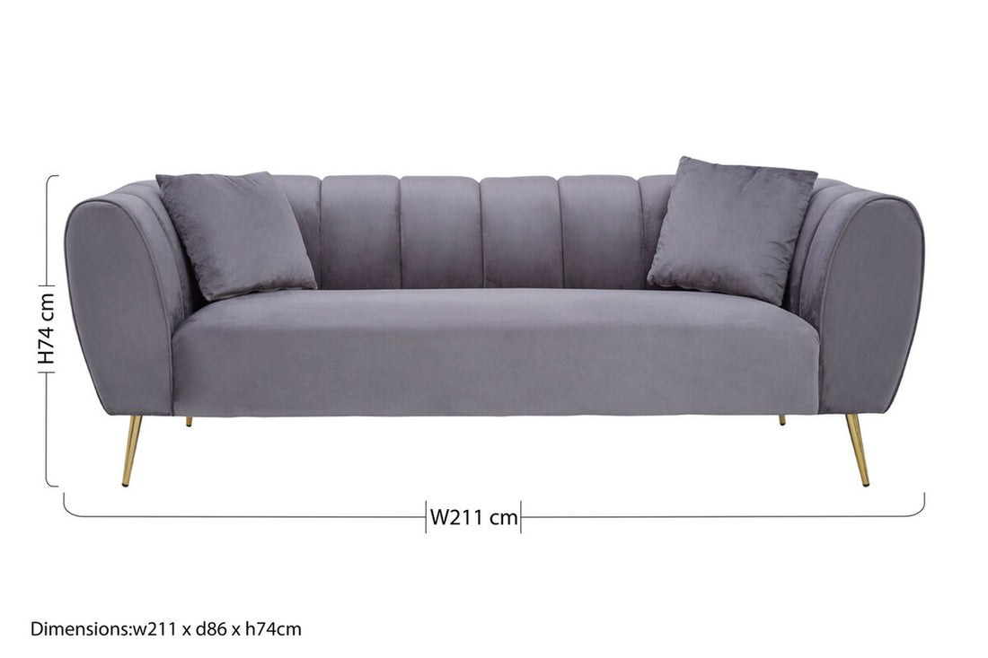 3 Seater Grey Velvet Sofa, Florine - Image 12