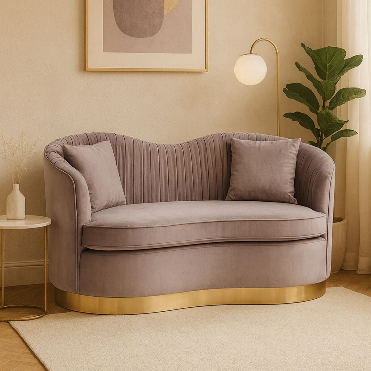 Gray sofa with gold base in a stylish room setting